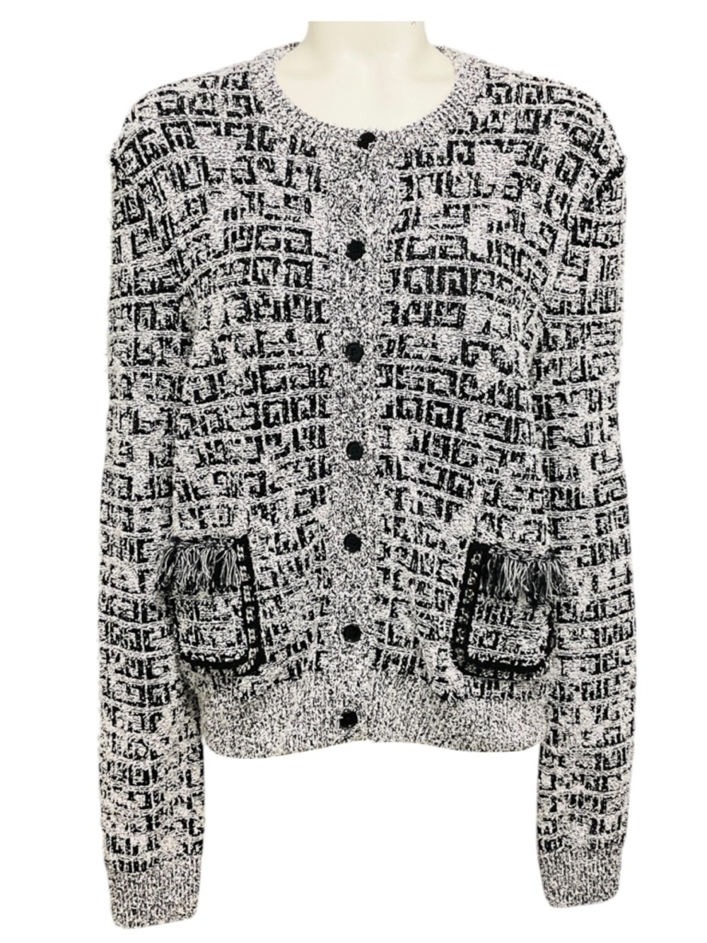 GIVENCHY BLACK / WHITE 4G MOTIF CREW NECK CARDIGAN SWEATER